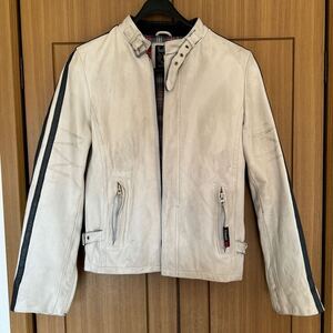 Schott クラシックレーサー XS ベージュ/グレー ユーズド加工 シングルライダースジャケット レザー