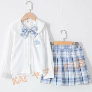 新品☆可愛い制服 2点セット セーラー服 女の子 子供服 半袖シャツ プリーツスカート 卒業式 チェック柄 キッズ JK制服 Aライン リボン付