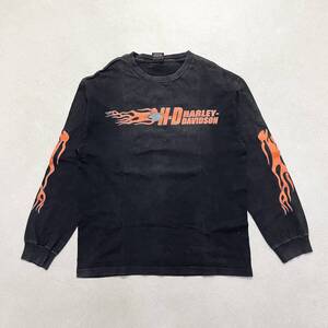 ● 90s HARLEY DAVIDSON ハーレーダビッドソン トップス Tシャツ 長袖 ロンティー バイク 炎 USA製 綿 ブラック系 サイズL メンズ 0.29kg