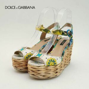 Dolce & Gabbana ドルチェ&ガッバーナ 36 23.0 サンダル イタリア製 厚底 花柄 アンクルストラップ 白 ホワイト 袋付き/OC93