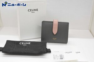 1B572★CELINE セリーヌ 二つ折り財布 10H263BRU スモール ストラップウォレット グレー/ピンク ★USED★＜ニューポーン＞