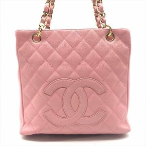 1円 良品 CHANEL シャネル ココマーク 復刻 チェーン トート バッグ キャビアスキン ピンク ゴールド金具 a4454