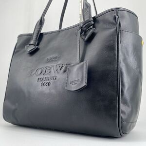 【美品/高級ライン】LOEWE ロエベ トートバッグ 型押しロゴ ヘリテージ メンズ レディース ビジネス A4 肩掛け レザー シボ革 ブラック 黒