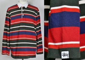 紺タグ USA製 old stussy ステューシー ボーダー ラガー シャツ L rugby shirt 90S b8035