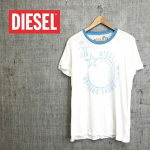 G1017-O◆ DIESEL ディーゼル Tシャツ トリム プリント 半袖 トップス◆sizeL コットン ホワイト 白 ブルー