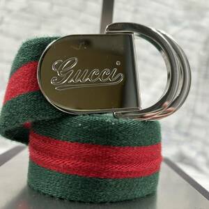 【美品/希少】GUCCI グッチ ベルト シェリーライン Dリングバックル シルバー金具 コットン レザー 本革 通勤 ビジネス メンズ 85サイズ