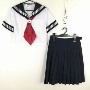 1円 セーラー服 スカート スカーフ 上下3点セット 夏物 白3本線 女子 学生服 中学 高校 白 制服 中古 ランクC EY5022