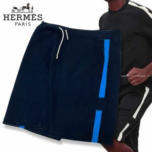 19 正規品 HERMES エルメス サイドライン Hロゴ スウェット pants ハーフパンツ ショーツ M ネイビー イタリア製 メンズ