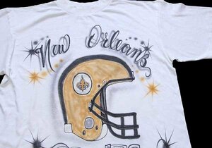 ★90s NFL New Orleans SAINTS アメフト 両面 エアブラシ Tシャツ 白★特大 オールド ハンドペイント オーバーサイズ ビッグサイズ