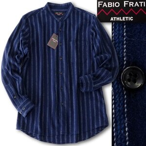 新品 24AW ファビオフラーティ ストライプ 両面起毛 フランネル シャツ LL 紺 【FF8W-H445_NA】 秋冬 FABIO FRATI 長袖 バンドカラー