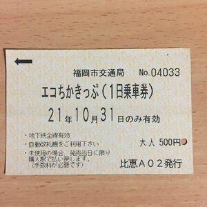 使用済 福岡市営地下鉄 エコちかきっぷ