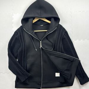 美品/L相当 異素材切替! ケーブルニットパーカー COMME CA MEN 現行 ストレッチ フード ジャケット ブルゾン ダブルジップ メンズ アウター