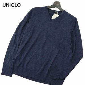 【新品 未使用】 UNIQLO ユニクロ 秋冬 ウール100%★ エクストラファイン メリノ ニット セーター Sz.L　メンズ ネイビー　A4T05684_5#K