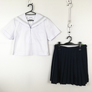 1円 セーラー服 スカート 上下2点セット 夏物 グレー3本線 女子 学生服 兵庫山陽中学 白 制服 中古 ランクB EY8354