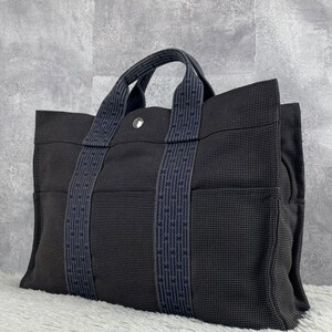 極美品 HERMES エルメス エールライン PM トートバッグ ハンド ビジネス ロゴ型押し キャンバス レザー ステッチ ホック 大容量 メンズ 灰