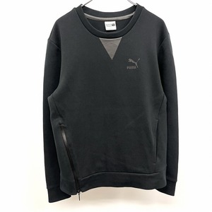 プーマ PUMA トレーナー カットソー 右裾にファスナー Vガゼット風プリント ロゴプリント 丸首 長袖 綿×ポリ S ブラック系 メンズ 男性