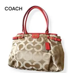 COACHコーチ　22344　ハンドバッグ　トート　オプアート　ベージュ　朱色