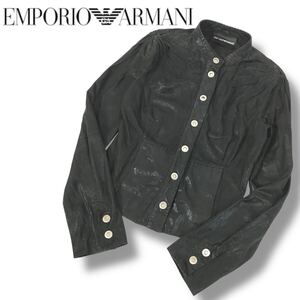 u94 EMPORIO ARMANI 2009 エンポリオ アルマーニ レザー シャツ ジャケット ブラウス ヤギ革 BLACK 40 レディース 正規品 アウターVintage