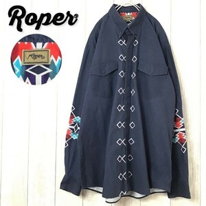 ★訳アリ価格★USA製★【Roper ローパー】GOODデザイン ネイティブ柄 ボタンダウン ウエスタンシャツ[メンズ XL]ネイビー カウボーイ K-544