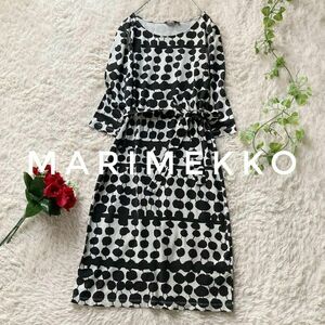 マリメッコ　リボンベルト付きワンピース　ティカット柄　Tikat　七分袖　コットン　XSサイズ　marimekko