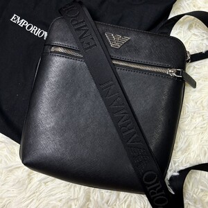 【希少】 EMPORIO ARMANI エンポリオ アルマーニ サフィアーノ レザー 本革 イーグル 金具 メンズ ブラック サコッシュ ショルダーバッグ