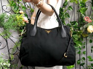 超美品●PRADA プラダ●ロゴ金具●ポコノ ナイロン カーフ レザー 本革●2way トート ハンド バッグ●黒●G金具●A4 収納 かばん●Js48124