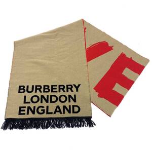 美品 BURBERRY バーバリー Love and Logo Wool Silk Scarf ロゴ マフラー キャメル レッド ブラック LONDON ENGLAND レディース メンズ