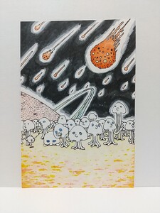 オリジナルイラスト★手描きイラスト★タコ星人と惑星★ハンドメイド インテリア 絵 アート アナログ 自作 インテリア 原画 宇宙人 art