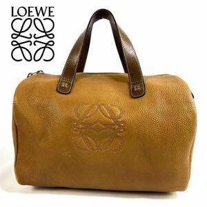 【美品】LOEWE ロエベ レザー ハンドバッグ ミニボストンバッグ アナグラム ロゴ刻印 キャメル ブラウン 希少品 スペイン製