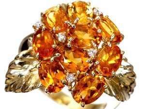 1円～【ジュエリー極】豪華ボタニカルデザイン！良質天然シトリン3.61ct＆ダイヤモンド0.06ct 高級K18YGリング h6880gr【送料無料】