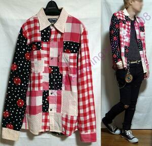 ハリウッドランチマーケット ドット チェック パッチワーク シャツ メンズ M 水玉 赤 白 黒 HOLLYWOOD RANCH MARKET Dot Check Shirt