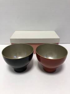 ☆塗碗 ペアカップ碗 夫婦碗 汁椀 和食器 2客セット 赤 黒 直径約11.5cm×高さ約9cm 長期保管品 共箱付 中古(NF241120) 535-13-①