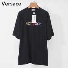 4-YE033 新品タグ付き ヴェルサーチ ブラック コットン ロゴ Tシャツ