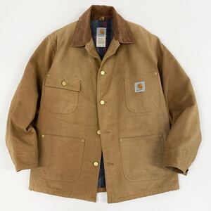 Ha20【USA製】carhartt カーハート ミシガンチョアコート カバーオール ダック地 フェード 裏地ブランケット◎ ブラウン 38 regular メンズ