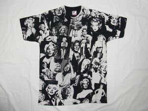 ☆美品・未着用☆ 90s USA製 ビンテージ Marilyn Monroe マリリン・モンロー 手刷り 総柄 Tシャツ sizeM 黒 ☆古着 映画 モスキートヘッド