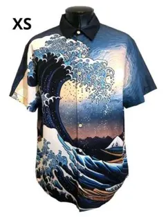 XS 和柄 シャツ 半袖 山と海 荒波 浮世絵 紺 和風 柄シャツ レディース