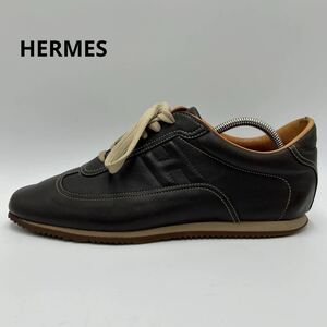 1円 【美品】 HERMES エルメス 【王者の貫禄】 メンズ Hロゴ ローカット スニーカー シューズ 靴 ロゴ レザー ブラウン40 1/2 25.5cm相当