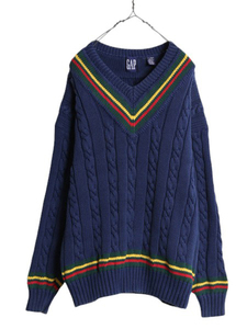 90s OLD GAP チルデン ケーブル ニット セーター メンズ XL 古着 オールド ギャップ 紺タグ Vネック ヘビーウェイト コットン 大きいサイズ