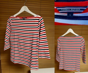 【必見です 激安1点のみ】TOMMY HILFIGER トミーヒルフィガー ストレッチ ボートネック ボーダー 七分袖 Tシャツ カットソー S USED