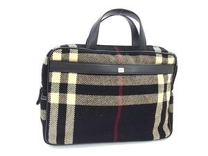 1円 ■美品■ BURBERRY バーバリー ウール×レザー チェック柄 ハンドバッグ トートバッグ レディース ブラック系×ベージュ系 FB8835