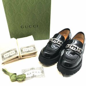 美品 GUCCI グッチ インターロッキング ラグソール ローファー ブラック レディース 37 靴 a2199