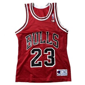 名作! 90s USA製 Champion Chicago Bulls マイケルジョーダン バスケットボール ゲームシャツ ユニフォーム 23番 レッド 赤 36 古着 希少