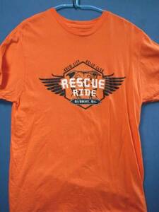 ⑥ USA古着 サイズＭ前後ロゴRESCUE RIDE オレンジ色半袖Tシャツ