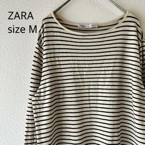 g0502 ザラ 【M】 ベージュ ボーダー カットソー レディース 長袖　アイボリー　細ライン　カジュアル　ZARA