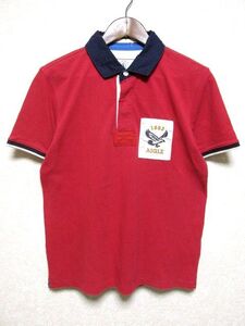 ★美品★AIGLE エーグル 鹿の子素材 半袖 ラガー シャツ M★レッド×ネイビー ワッペン付き ポロシャツ プルオーバー アウトドア トップス