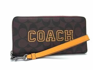 1円 ■新品同様■ COACH コーチ CB856 シグネチャー ヴァーシティ PVC ラウンドファスナー 長財布 ウォレット ブラウン系 BL1256