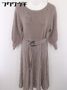 ◇ ◎ natural couture NICE CLAUP Vネック 長袖 膝下丈 ニット ワンピース サイズF ブラウン ホワイト レディース