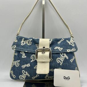 ◎極美品◎DOLCE&GABBANA ドルチェ&ガッバーナ アクセサリーポーチ ハンドバッグ ワンショルダー デニム 総柄 フラップ ベルト レディース