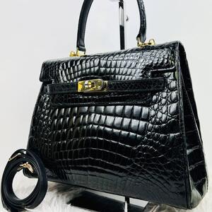 【極美品/定価50万!!】シャイニングクロコ リアルクロコ 鰐革 本革 ハンドバッグ ショルダーバッグ 2way ブラック 黒 ゴールド金具 最高級