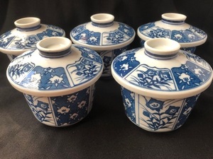 茶碗蒸し　器　椀　５客　セット　昭和　未使用　花柄　レトロ